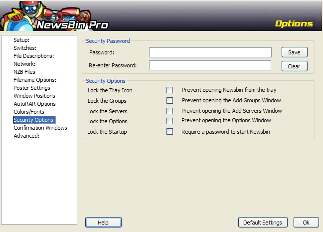 NewsBin Security Options Configuration Screen